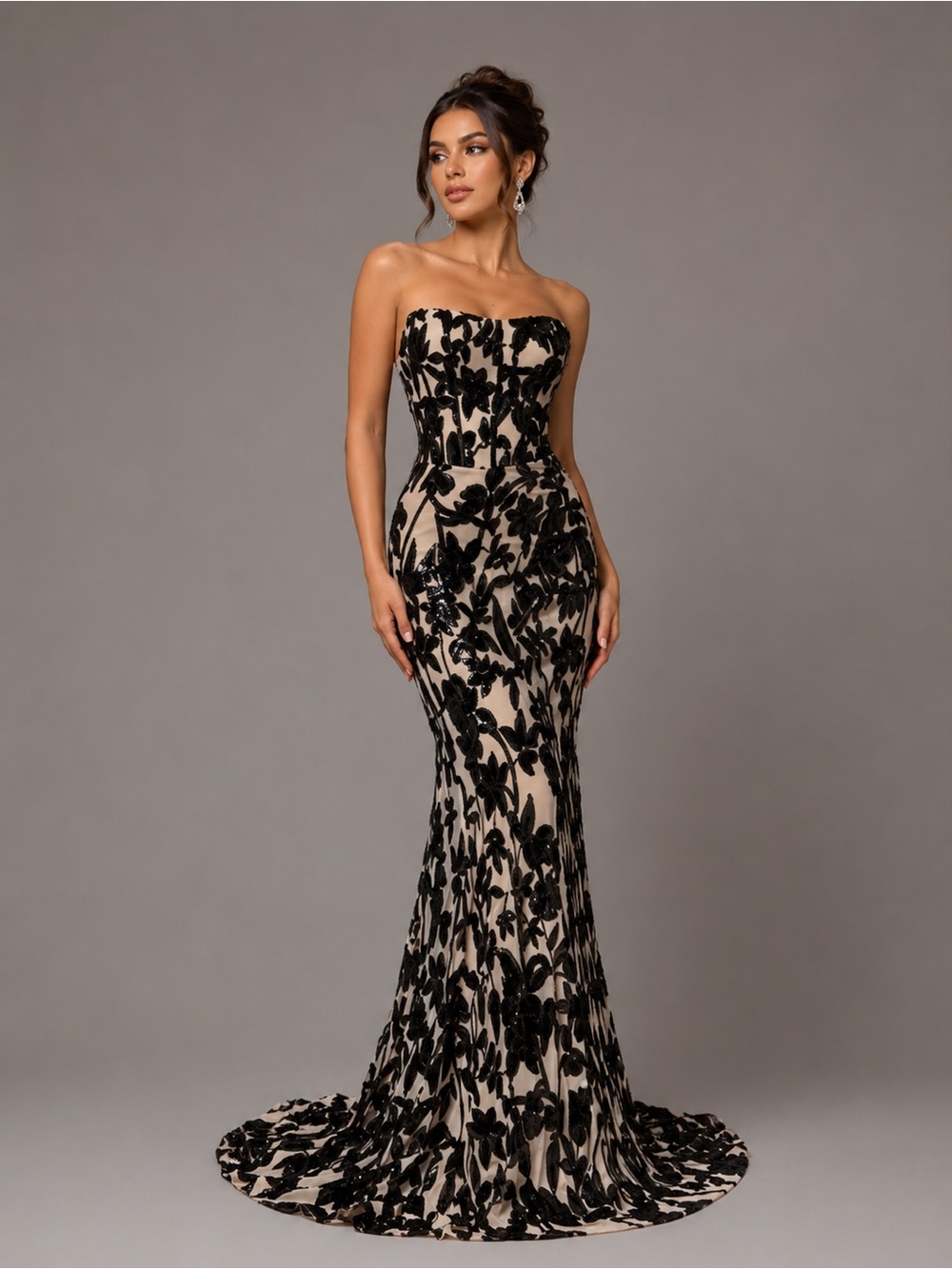 NEW - Luxury‎ Women's Strapless Floor-Length Floral Sparkly Sequin Party Gown